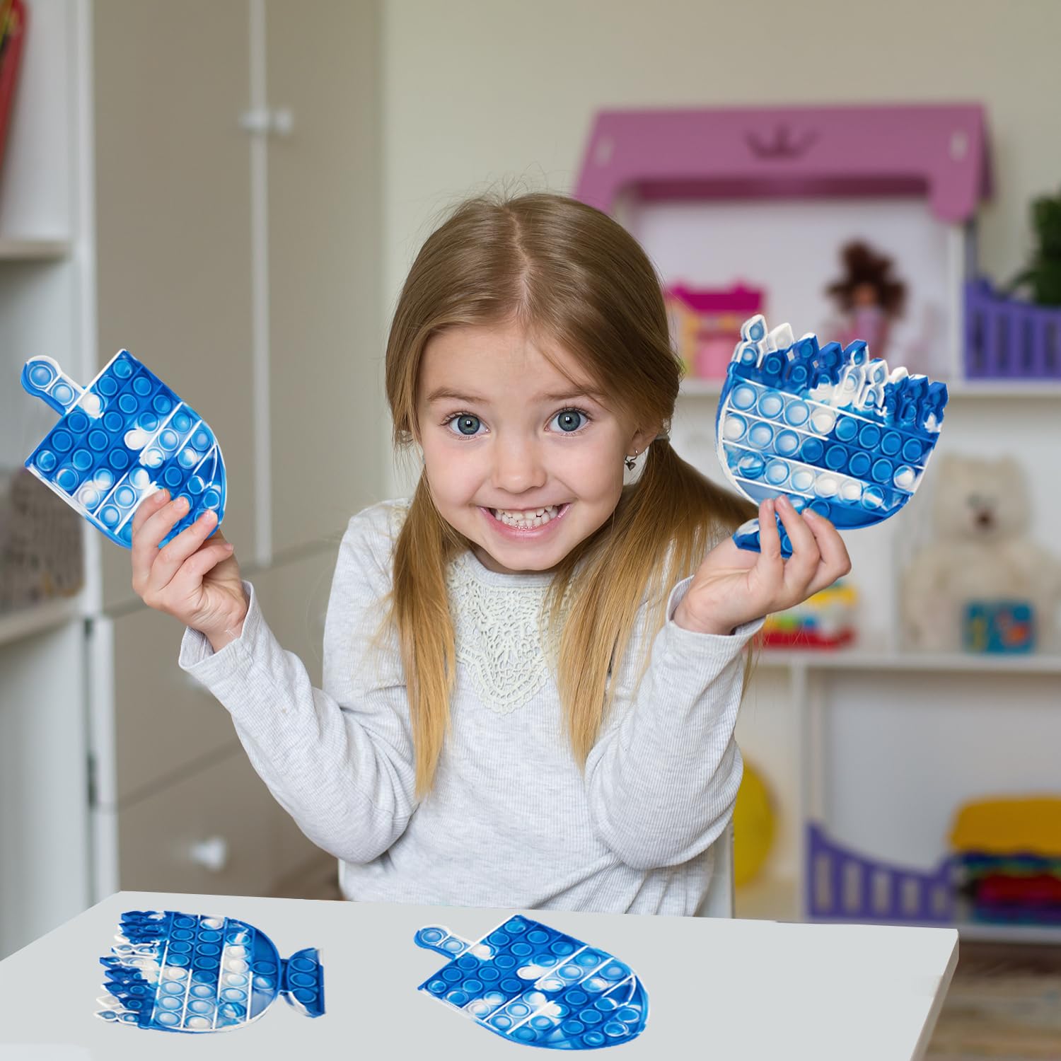 The Dreidel Company Menorah & Dreidel Set Poppit, Pop Fidget Toy Dreidel Menorah Popper Set (Blue & White, Single Set) - Image 4